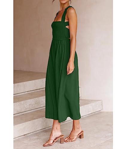 Image of Sexyshine Women's Square Neck Halter Lace Up Criss Cross Maxi Dress Tie Back Sleeveless Smocked Ruched A Line Dress