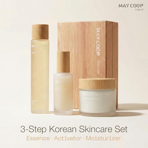 MAY COOP 3-Step Korean Skincare Set | Essence Rice Toner, Moisturizer Face Cream & Activator Facial Serum | Maple Sap Hydrating Routine for All Skin Types