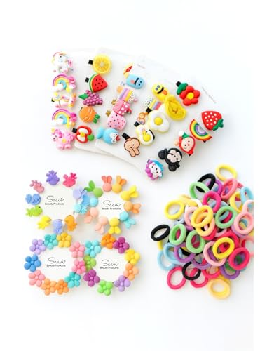 Image of Saavi 130 Pcs combo Baby Hair Accessories 10 pcs Cute Fruit Cartoon Hair Clips 20pcs Mini Hair Claw Clip 100pcs Baby Hair Ties for Girls and Kids Hair Pin for Kids & Small Girls (Random Designs)
