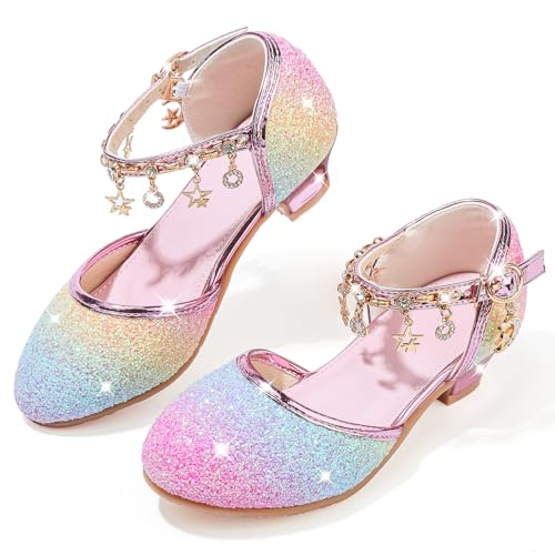 LECYGNB Mädchen Mary Jane Prinzessin Schuhe Ballerinas mit Absatz Glitzer Schuhe Kinder Party Schuhe Halbschuhe Kinder Cosplay Schuhe Hochzeiten Schulschuhe Verlaufsrosa EU 27