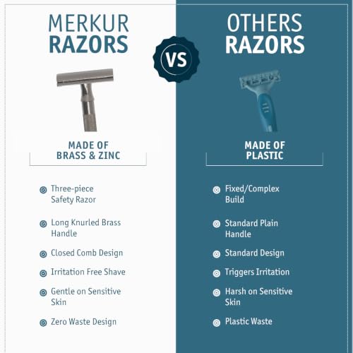 Image of MERKUR 23C 3-Piece Double-Edge Safety Razor for Men in Metallic Grey Finish with Long Handle and Closed Comb - Made in Germany, Plastic-Free