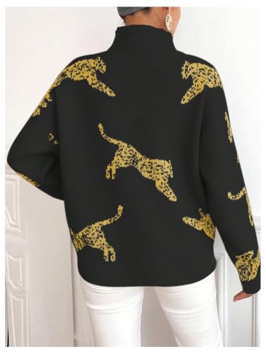 Image of WDIRARA Women's Leopard Tiger Print Sweater High Neck Long Sleeve Fuzzy Knitted Pullover Top