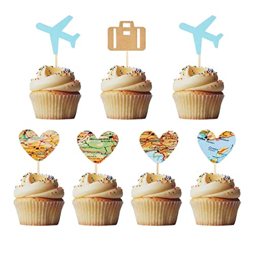 Morndew 24 Pcs Travel Cupcake Toppers Blue Airplane Map Heart Traveling Case Cake Topper Picks For World Awaits Travel Themed Baby Shower Birthday Party Wedding Party Decorations #TOP2