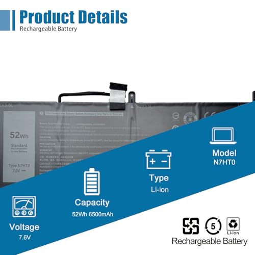 Image of N7HT0 Laptop Battery Replacement for Dell Latitude 9510 2-in-1 Latitude 9510 9520 P94F P95F P95F001 Series TVKGH V5K68 N2NLL HYMNG 08NFC7 N2NLL N7HTO 0PKW00 089GNG 0HYMNG 7.6V 52Wh 6500mAh