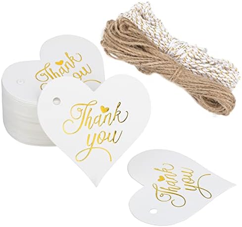 Thank You Heart Gift Tags with High-end Metallic Gold Thank You, 100PCS Kraft Paper Lables with String as Wedding Valentine's Favours Tags