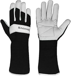 SAWANS Long Gardening Gloves Leather Ladies Men Women Durable Goatskin Garden Gloves Forearm Protection Thorn Proof Gardener Work Spandex Sleeves Rose Pruning Gift (Purple, S)