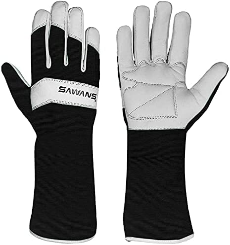 SAWANS Long Gardening Gloves Leather Ladies Men Women Durable Goatskin Garden Gloves Forearm Protection Thorn Proof Gardener Work Spandex Sleeves Rose Pruning Gift (Black, S)