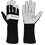 SAWANS Long Gardening Gloves Leather Ladies Men Women Durable Goatskin Garden Gloves Forearm Protection Thorn Proof Gardener Work Spandex Sleeves Rose Pruning Gift (Black, L)