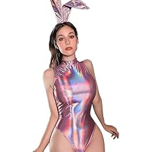 Womens Sexy Bunny Costume Anime Cosplay Lingerie Bunny Suit Pink Metallic Bodysuit for Halloween Cosplay Party