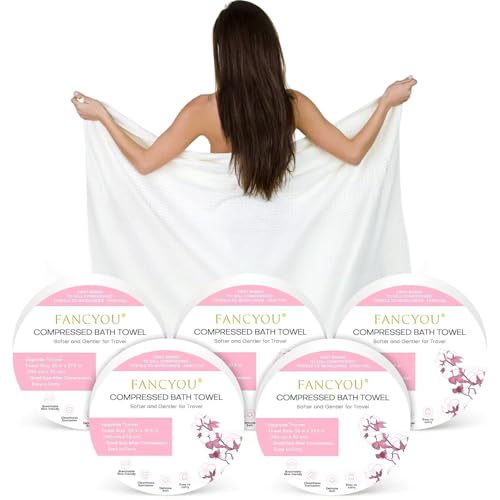 fancyou Disposable Bath Towels Compressed Towel, 55''X27.5'' Large Thicken Travel Towel Disposable Camping Shower Body Towels for Hotel Beach Swimming Pet Towels (5 Pack Pink)