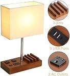 Briever USB Table Lamp, Multi-Functional Bedside Desk Lamp with 2 AC Outlets, 3 USB Charging Ports and Wooden Phone Stands, Modern Nightstand Lamp for Bedroom, Guest Room, Office