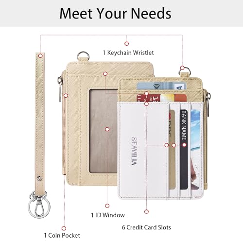 Image of SEAVILIA Small Wallet for Women Slim Wristlet Keychain Wallets RFID Credit Card Holder With Zipper Pocket, ID Window, Beige&Apricot, 5.25 x 3.74 x 0.39 inches, Pu Leather