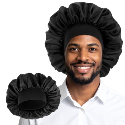 ElevateTech 2 Stück Schlafmütze Satin Bonnet Satinhaube Schwarze Seiden-Schlafhaube Mit Elastischem Band Weiche Duschhaube Satin-Gefüttert Verstellbare Seidenhaube Zum Schlafen Damen-Accessoires
