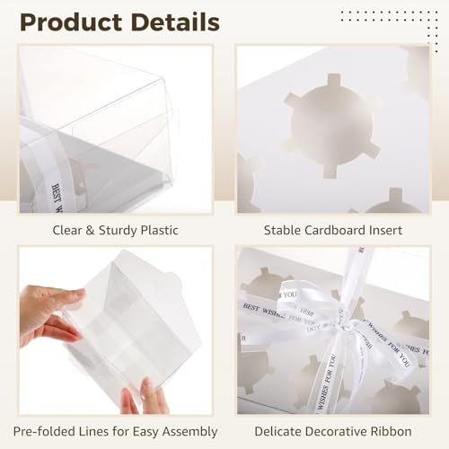 Homaisson 30 Pcs Clear Cupcake Boxes, 6-Count Cupcake Containers with Decorative Ribbons, Plastic cupcake carrier for Cupcakes, Muffins, Desserts, and Present Giving by Homaisson - Image 4