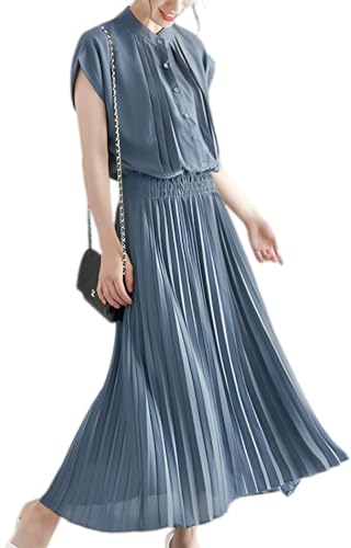 [ニーマンバイ] ワンピース プリーツ 半袖 ロング フレア 上品 ウエスト シャーリング ブラウス ドッキング スカート 春夏 l サイズ 学生 ママ コーデ 親子 おそろい ファッション おそろ かわいい 柄 なし 無地 女子会 お呼ばれ セレモニー 大人 女性用 オフィス OL 会社 職場 きれいめ くすみブルー クラシック レトロワンピース ロングワンピ ブルー 4S-N29-BLL（Amazon）
