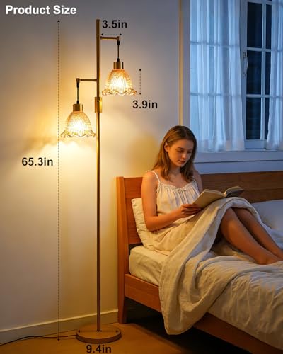 Image of Lightdot 65IN Gold Flower Floor Lamp for Living Room, 2- Light Dimmable Floor Lamps with Deep Red Glass Lampshade,3000K Warm White Modern Standing Tall Lamp with 5Lbs Heavy Base for Bedroom Sofa