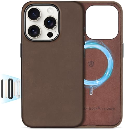 SHIELDON Cover Base per iPhone 16 Pro, Custodia Magnetica Vera Pelle [Antiscivolo] [Ricarica Wireless] [Antiurto] Caso con Bottoni in Metallo Compatibile con iPhone 16 Pro, Crazy Horse Marrone Scuro