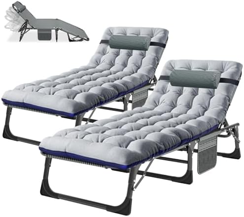 Ryuhic 2er Set Sonnenliege Klappbar Gartenliege Liegestuhl mit Matratze | 200kg Belastbar Strandliege mit Seitentasche und Kopfstütze, Verstellbare Campingliege für Balkon, Garten,