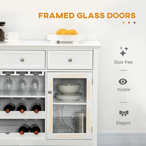 Homcom Coffee Bar Cabinet With 3 Drawers, 6-Bottle Wine Rack, Stemware Racks, Glass Door, Sideboard Buffet Cabinet, Wine Cabinet, White #TOP4