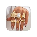 XUN Zhe Liquid Lava Chunky Stackable Finger Rings Set Stone Baroque Pearl Knuckle Open Rings Vintage Flower Joint Midi Ring Gold Silver Jewelry for Women Gift (Gold)