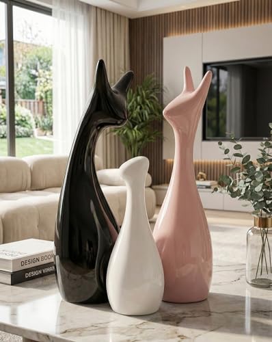 Image of Home Decor Lucky Deer Family Ceramic Figures Set of 3 | Matte Finish Decorative Showpieces for Living Room Office Dining Table | Elegant Gift Decor Items (Black, Pink, White)