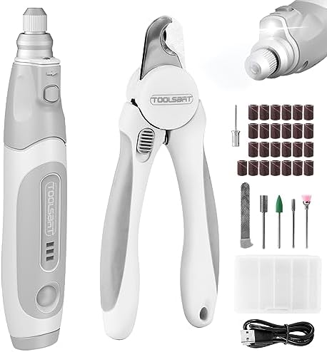 TOOLSBAT Dog Nail Grinder and Clippers - Upgraded 3-Speed Electric Rechargeable Pet Nail Trimmer with LED Light Super Quiet Paws Grooming Kit Painless Grinding Tool for Large Medium Small Dogs & Cats