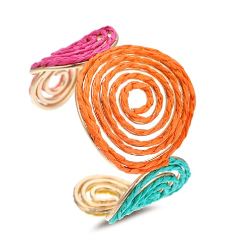 Raffia Spiral Cuff Bracelet for Women, Colorful Swirl Bangle Chunky Bangle Handmade Rattan Statement Bracelet