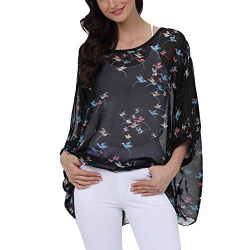 Image of Ckikiou Plus Size Batwing Flowy Semi Sheer Chiffon Blouse Tunic for Women Summer Floral Print Boho Beach Cover ups
