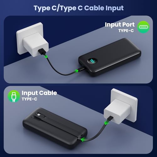 Power Bank USB C mit Kabel 26800mAh, PD 25W QC4.0 Schnellladung Powerbank, 5 Ausgängen Externe Handyakkus Tragbares Ladegerät mit LED Display Kompatibel mit iPhone 17/16/15, Samsung (Schwarz) 5