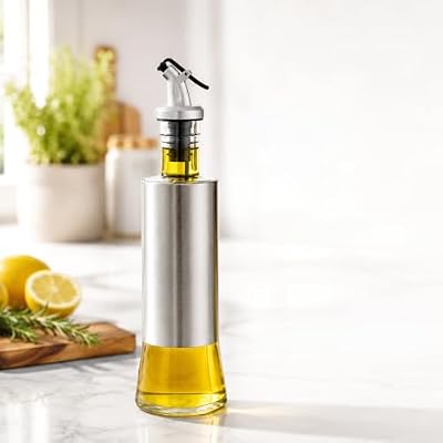 HomeWiz Glass Oil Dispenser for Kitchen 500ml - Stainless Steel Sleeve Bottle with Anti-Drip Spout & Flip Lever | Leak-Proof Pourer for Cooking Oil, Olive, Mustard, Vinegar & Soy Sauce | Round