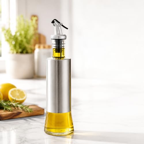 Image of HomeWiz Glass Oil Dispenser for Kitchen 500ml - Stainless Steel Sleeve Bottle with Anti-Drip Spout & Flip Lever | Leak-Proof Pourer for Cooking Oil, Olive, Mustard, Vinegar & Soy Sauce | Round