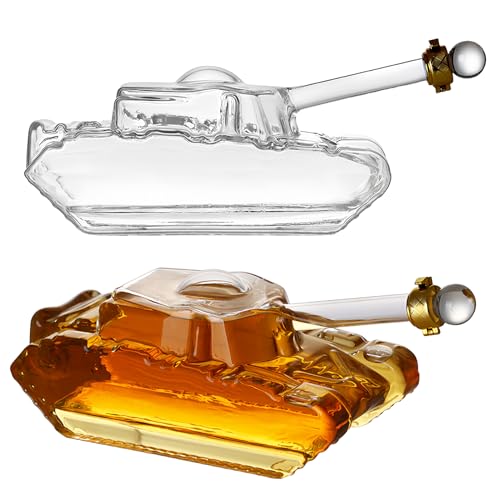 Cozlly 1000 ml Panzer Karaffe,Whisky Karaffe,Weinkaraffe in Panzerform,Whisky Geschenkset mit Gläsern,Glaskaraffe mit Verschluss,Tankförmige Dekanter,Geschenke für Männer