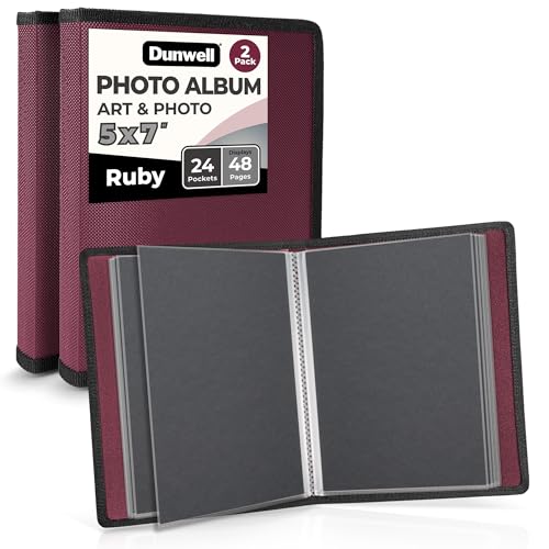 Dunwell Small Photo Album 5x7 (2-Pack, Ruby), Black Mounting Paper, 5 x 7 Photo & Art Portfolio Presentation Book, 24 Sleeves Display 48 Pages, Professional Picture Book for 5x7 Artwork, Postcards
