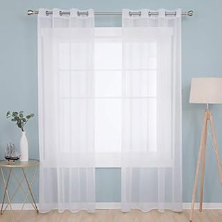 Deconovo Linen Look Voile Curtains White, Semi Transparent Eyelet Sheer Curtains, Voile Curtains for Living Room, 55 x 90 Inch(Width x Length), 2 Panels