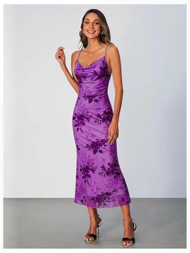 Image of SOLY HUX Women's Floral Mesh Bodycon Cami Dress Cowl Neck Sleeveless Cocktail Party Wedding Guest Long Maxi Dresses