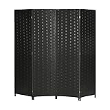 Folding Room Screen Divider Hand-Woven Design Room Divider 6ft High Fiber Free-Standing Privacy Screen Suitable for Living Room and Study (Black, 4 Panels)