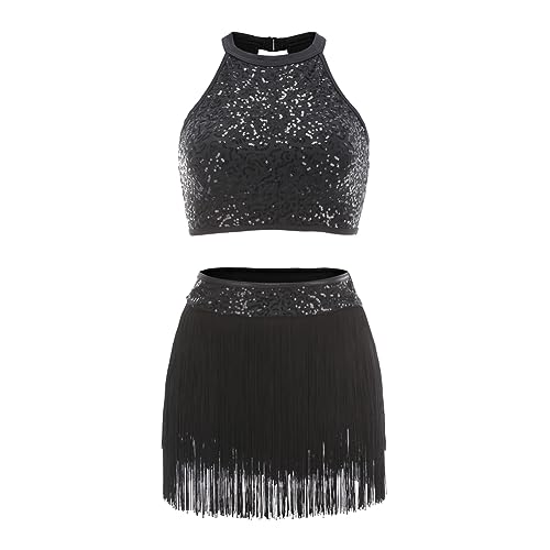 Valcatch Belly Latin Dance Dress for Womens Girls Sleeveless Sequins Crop Top + Glitter Fringe Skirt 2 Piece Outfits Black