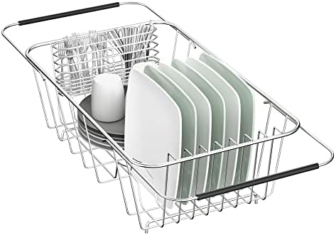 JAQ Small Dish Drying Rack in Sink Adjustable 14.96 to 20.59'', Expandable 304 Stainless Steel Metal Dish Drainer Rack Organizer with Stainless Steel Utensil Holder Over Sink Counter (for 1-2 People)