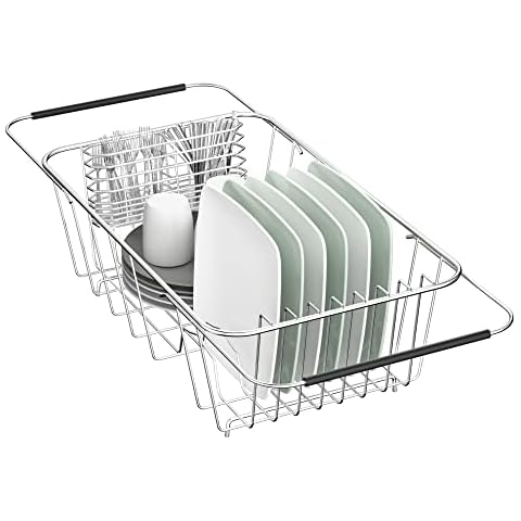 JAQ Small Dish Drying Rack in Sink Adjustable 14.96" to 20.59", Expandable 304 Stainless Steel Metal Dish Drainer Rack Organizer with Stainless Steel Utensil Holder Over Sink Counter (for 1-2 People) Cover