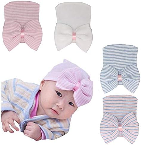 Ademoo Newborn Baby Girls Nursery Beanie Hospital Hat with Bow (White，Pink，Blue，White Pink.)