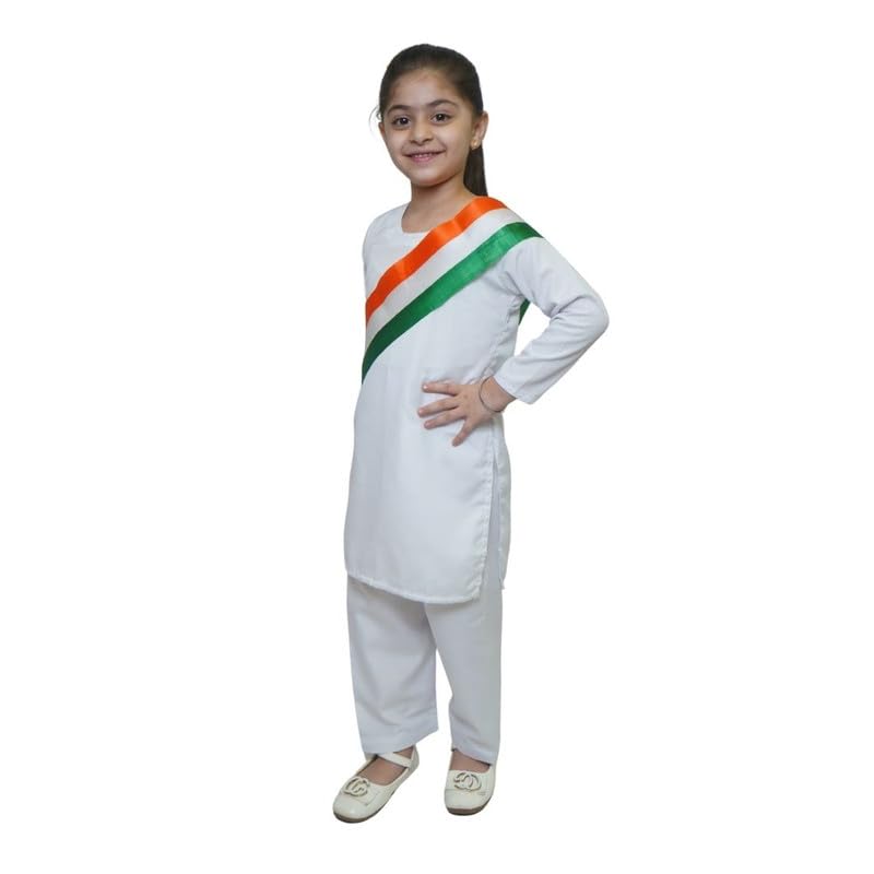 Image of Kaku Fancy Dresses Indian Wear Salwar Kameez Costume for Independence Day /Republic Day | Tri Color Dupatta Stole Pompom Set for Girls