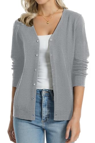 Image of QUALFORT Women's 100% Cotton Lightweight Cardigans Long Sleeve Knitted Button Down Sweater