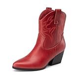 Picture of DREAM PAIRS Women's Cowboy Cowgirl Boots Embroidered Stitched Short Western Boots Low Chunky Heel Pointed Toe Ankle Booties,Size 9.5,Red,DWUMAB2504
