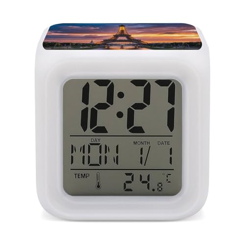 Beautiful Eiffel Tower Paris Alarm Clock, 3-Inch Compact Digital Alarm with 7-Color Changing Night Light, Temperature & Calendar, Portable Travel Clock for Bedroom, Office, Dorm