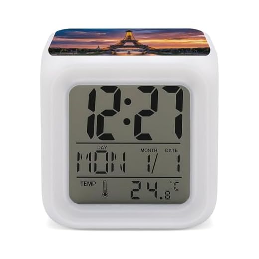 Beautiful Eiffel Tower Paris Alarm Clock, 3-Inch Compact Digital Alarm with 7-Color Changing Night Light, Temperature & Calendar, Portable Travel Clock for Bedroom, Office, Dorm
