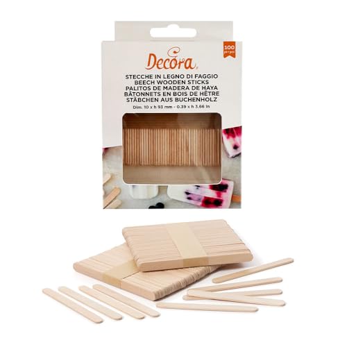 Decora 9280124 Paquete de 100 varillas de madera de haya para helados y galletas en palo. Dim. 10 x H 93 mm. Grosor 2 mm. Aptos para el contacto con alimentos y aptos para el congelador