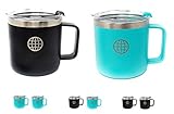 JTSC PRODUCTS Camping Coffee Mug with Lid and Handle 2 Pack 14 oz Double Wall Vacuum Insulated Stainless Steel coffee mug - Cool gifts for Men and Women (Black Blue)