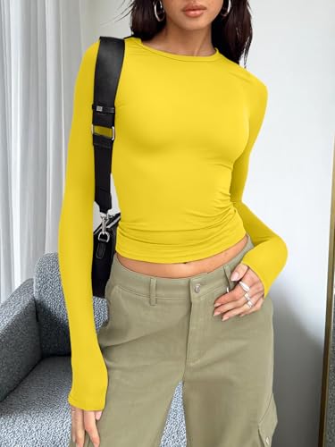 Trendy Queen Womens Long Sleeve T Shirts Fall Fashion 2026 Basic Crop Tops Going Out Workout Outfits Y2k Clothes Bright Yellow XL - Thumbnail 6