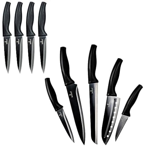 SiliSlick Kitchen Knife Set & Steak Knives Bundle Titanium Coated Blades with Safety Sheaths Cover