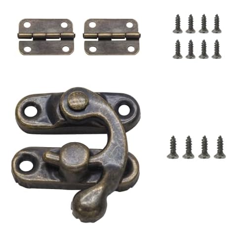 Kyuionty Antique Bronze Right Latch Hook Hasp, Small Box Hinges and Retro Latch Lock for Decorative Cabinet Small Wooden Jewelry Box Gift Box (1 Pcs Hasp Catch + 2 Pcs Hinges) Cover